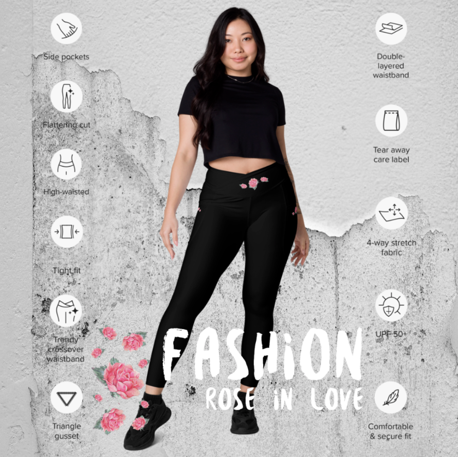 Wunderschöne, Figur betonte V-Bund, HighTech Yoga-, Fitness u. Freizeitlegging. Mit viel Liebe zum Detail und unserem NATURMÄDEL® ROSE IN LOVE DESIGN verziert. V-Bund-Leggings mit Taschen - www.naturmaedel.shop 