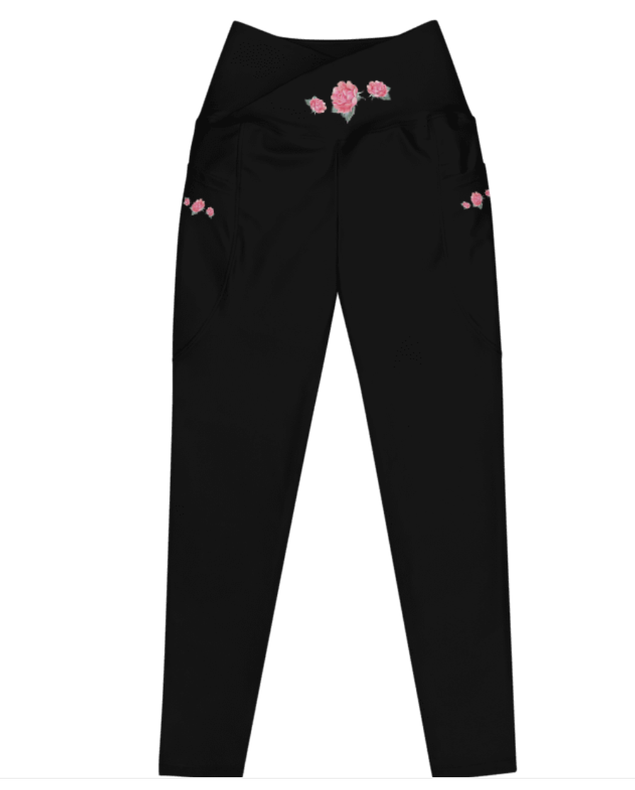 Wunderschöne, Figur betonte V-Bund, HighTech Yoga-, Fitness u. Freizeitlegging. Mit viel Liebe zum Detail und unserem NATURMÄDEL® ROSE IN LOVE DESIGN verziert. V-Bund-Leggings mit Taschen - www.naturmaedel.shop 