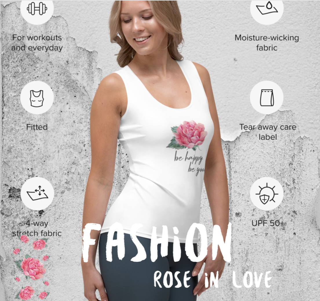 FIGURBETONTES, DESIGNER YOGA UND FITNESS TANK TOP –SUPER ELASTISCH, EXCLUSIVE FUNKTIONALITÄT UND BEQUEMLICHKEIT. DAS NATURMÄDEL® DESIGN ROSE IN LOVE, BE HAPPY BE YOU SORGEN FÜR LEBENSFREUDE PUR - www.naturmaedel.shop