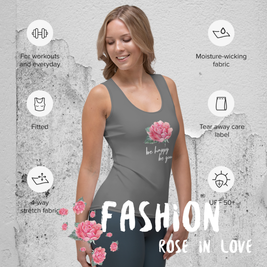 SUPER STRETCH, FIGURBETONTES, DESIGNER YOGA UND FITNESS TANK TOP. EXCLUSIVE FUNKTIONALITÄT UND BEQUEMLICHKEIT. DAS NATURMÄDEL® DESIGN ROSE IN LOVE, BE HAPPY BE YOU SORGEN FÜR LEBENSFREUDE PUR - www.naturmaedel.shop