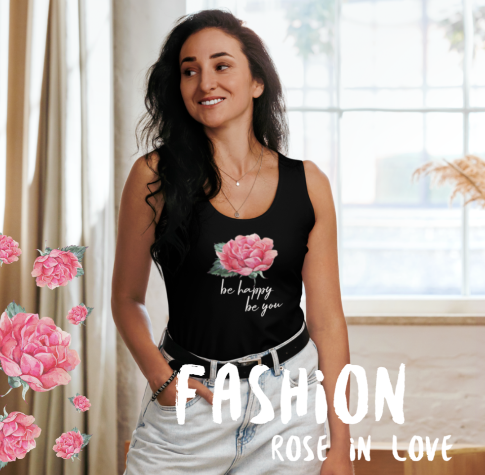 SUPER STRETCH, FIGURBETONTES, DESIGNER YOGA UND FITNESS TANK TOP. EXCLUSIVE FUNKTIONALITÄT UND BEQUEMLICHKEIT. DAS NATURMÄDEL® DESIGN ROSE IN LOVE, BE HAPPY BE YOU SORGEN FÜR LEBENSFREUDE PUR- www.naturmaedel.shop