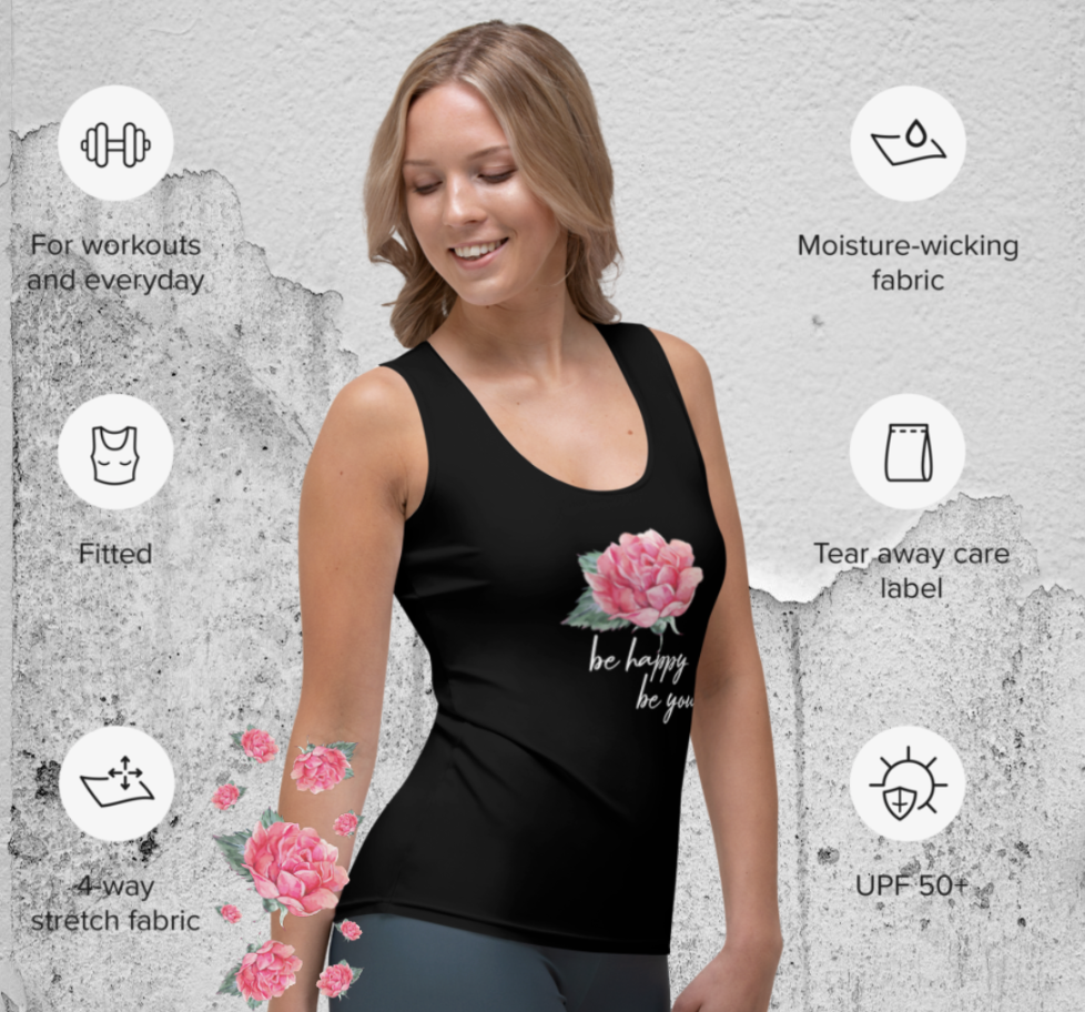 SUPER STRETCH, FIGURBETONTES, DESIGNER YOGA UND FITNESS TANK TOP. EXCLUSIVE FUNKTIONALITÄT UND BEQUEMLICHKEIT. DAS NATURMÄDEL® DESIGN ROSE IN LOVE, BE HAPPY BE YOU SORGEN FÜR LEBENSFREUDE PUR- www.naturmaedel.shop