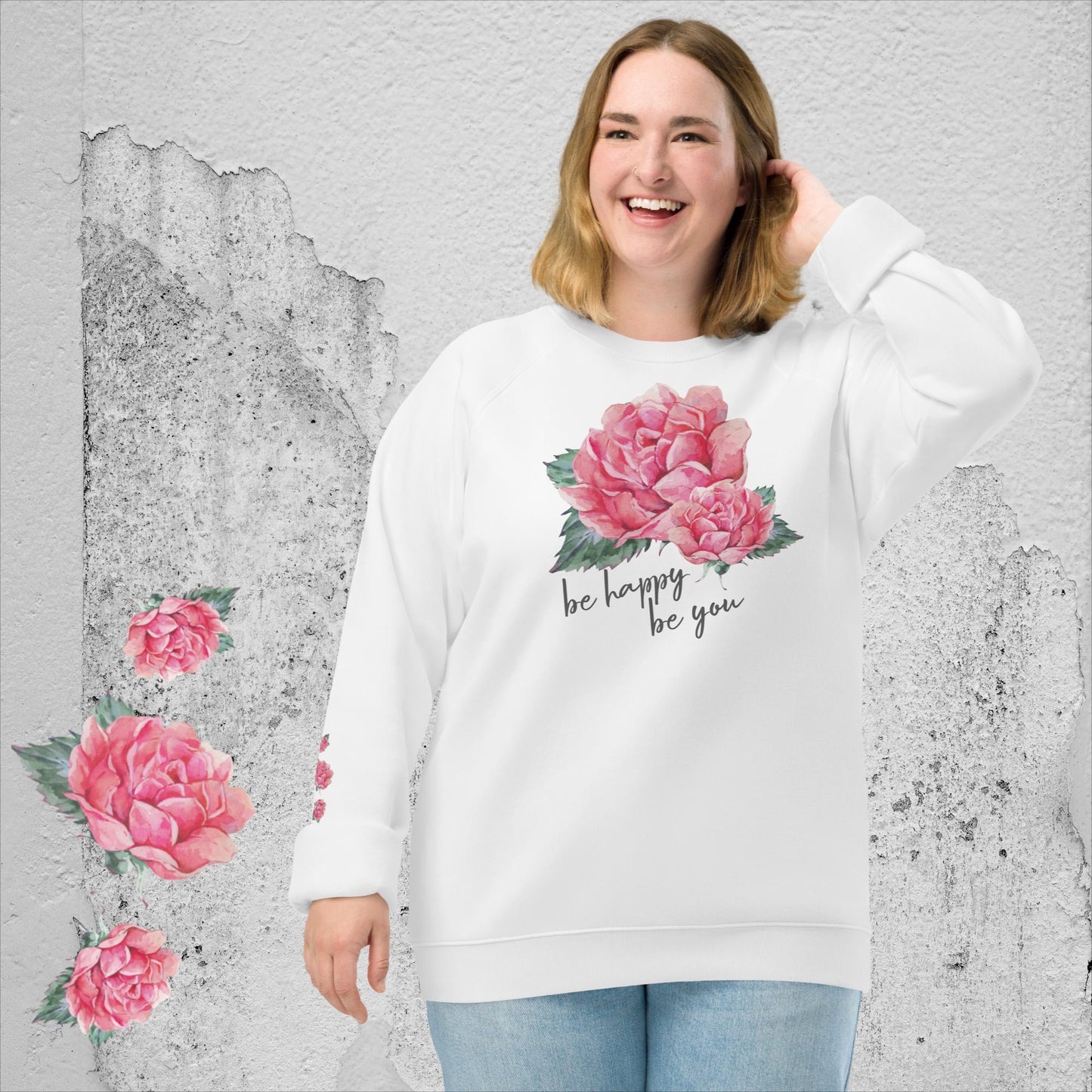 BIO BAUMWOLLE - STYLISCHER RAGLAN PULLOVER -  EXCLUSIV NATURMÄDEL® DESIGN - AQUARELL ROSE IN LOVE, www.naturmaedel.com