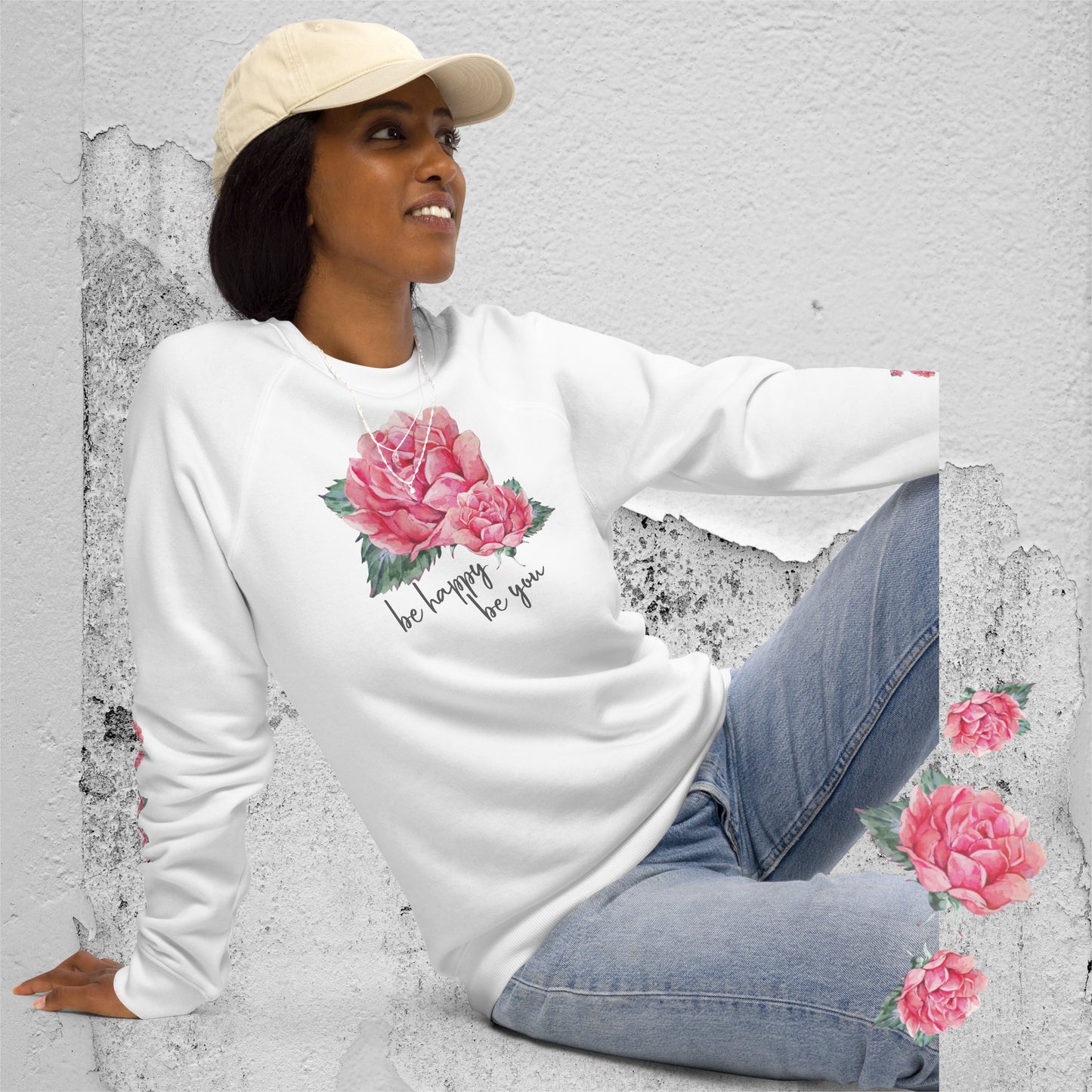 BIO BAUMWOLLE - STYLISCHER RAGLAN PULLOVER -  EXCLUSIV NATURMÄDEL® DESIGN - AQUARELL ROSE IN LOVE, www.naturmaedel.com 