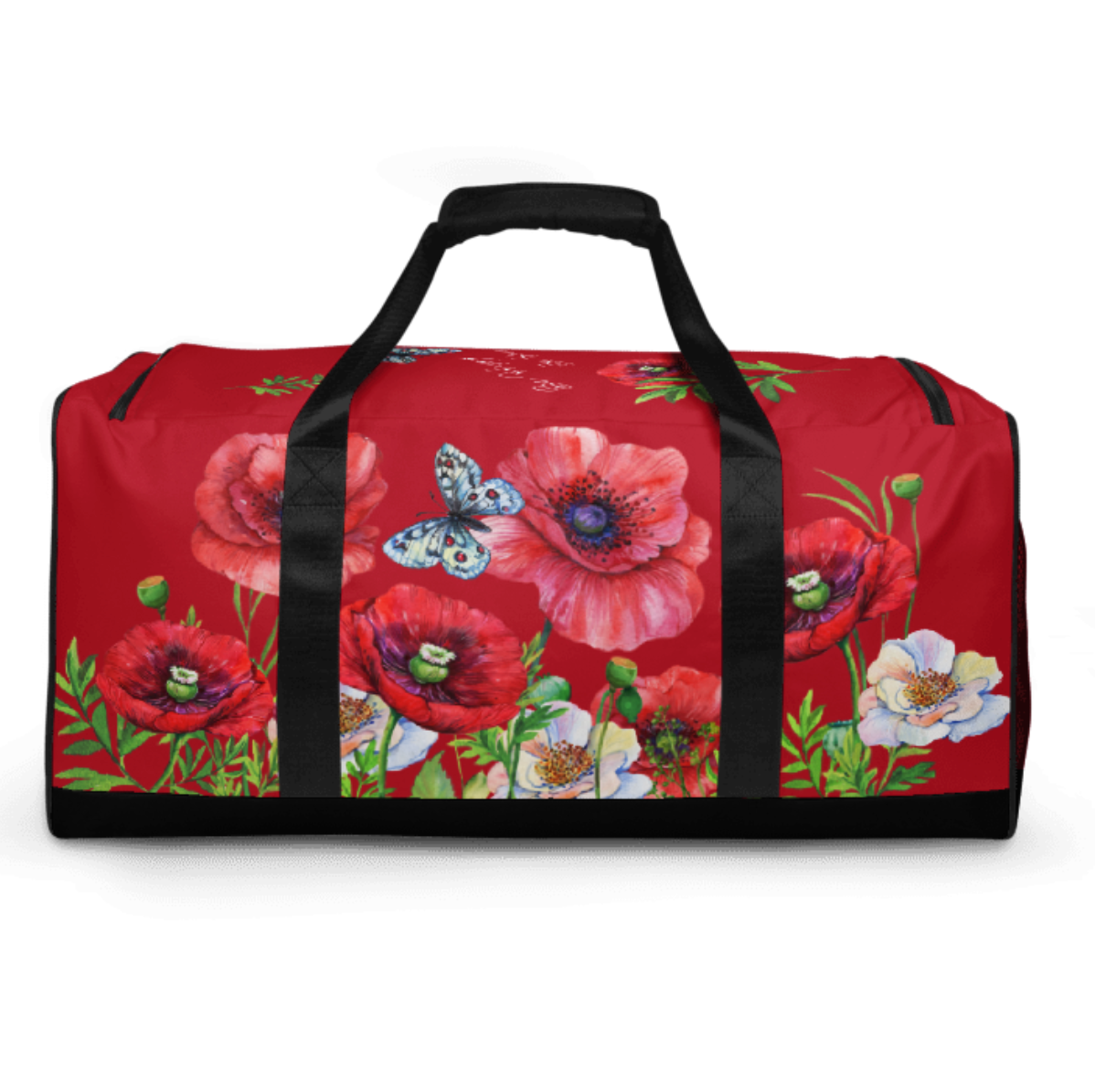 WEEKENDER - EXCLUSIVE SPORT-, BADE- U. REISETASCHE MIT EINZIGARTIGEM NATURMÄDEL® DESIGN TOSCANA AQUARELL MOHNBLUMEN UND BE HAPPY, BE YOU SCHRIFTZUG.