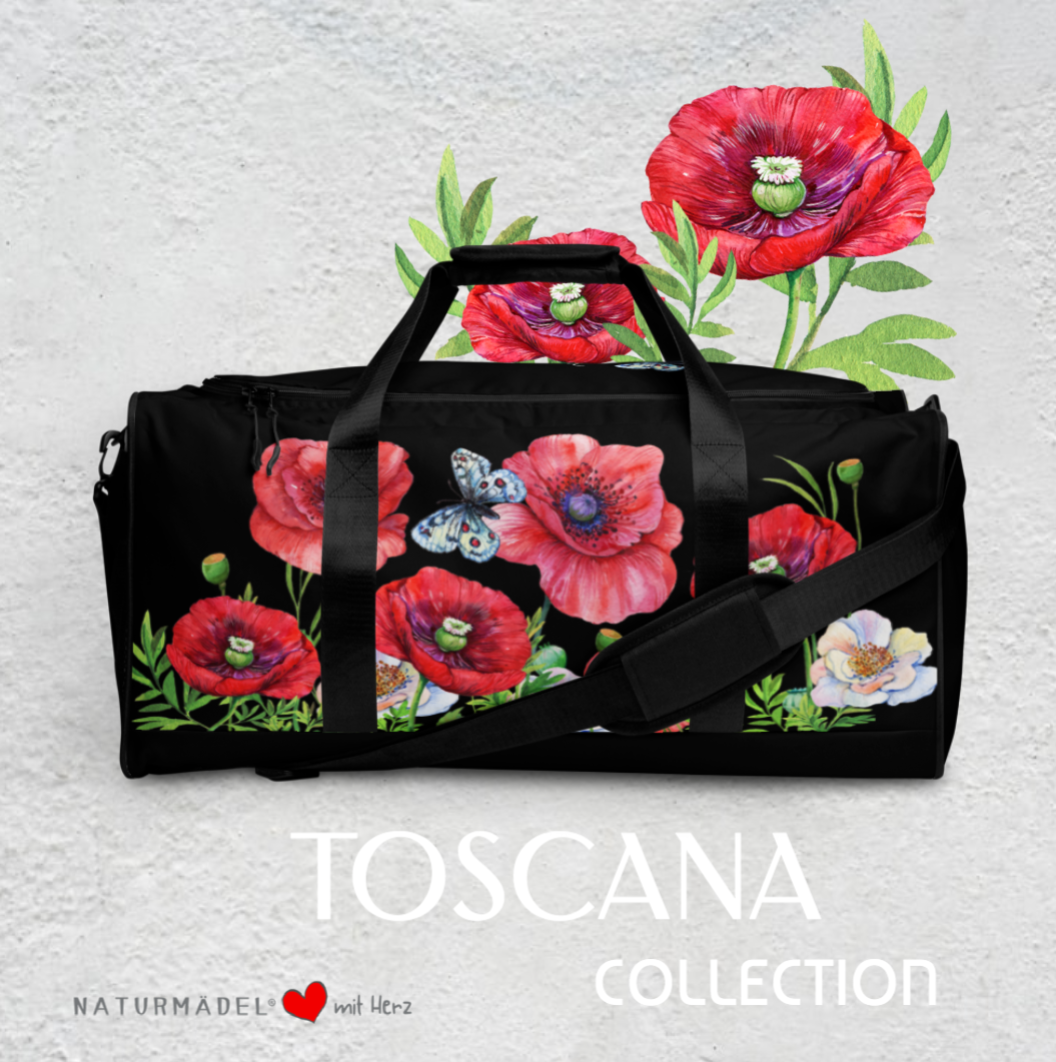 WEEKENDER - EXCLUSIVE SPORT-, BADE- U. REISETASCHE MIT EINZIGARTIGEM NATURMÄDEL® DESIGN TOSCANA AQUARELL MOHNBLUMEN UND BE HAPPY, BE YOU SCHRIFTZUG - SCHWARZ - www.naturmaedel.shop -