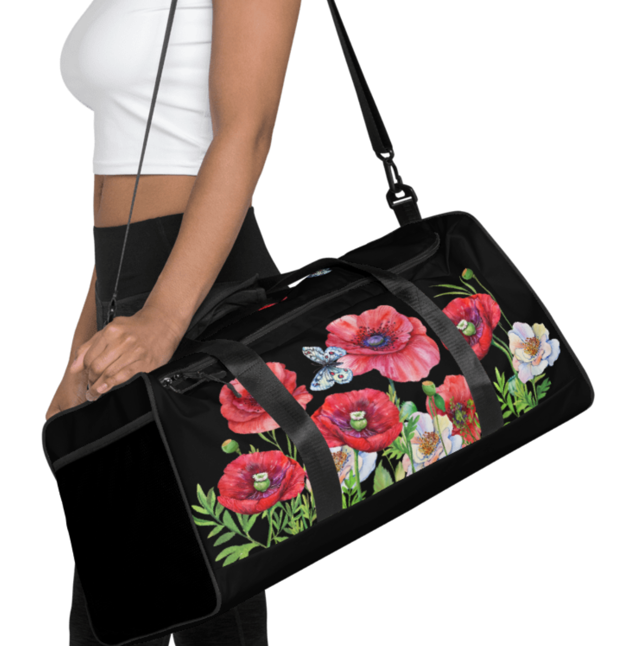 WEEKENDER - EXCLUSIVE SPORT-, BADE- U. REISETASCHE MIT EINZIGARTIGEM NATURMÄDEL® DESIGN TOSCANA AQUARELL MOHNBLUMEN UND BE HAPPY, BE YOU SCHRIFTZUG - SCHWARZ - www.naturmaedel.shop -