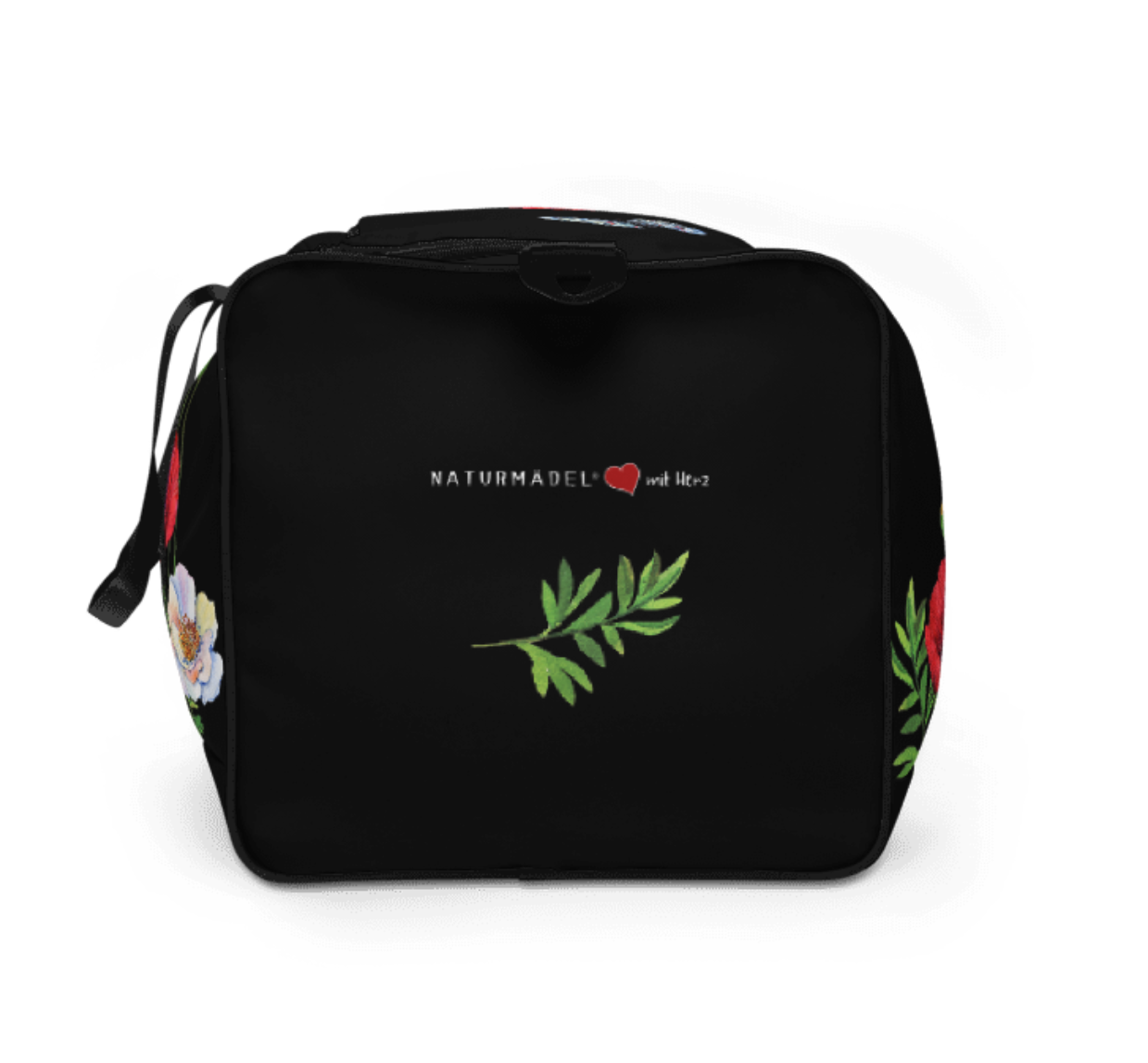 WEEKENDER - EXCLUSIVE SPORT-, BADE- U. REISETASCHE MIT EINZIGARTIGEM NATURMÄDEL® DESIGN TOSCANA AQUARELL MOHNBLUMEN UND BE HAPPY, BE YOU SCHRIFTZUG - SCHWARZ - www.naturmaedel.shop -