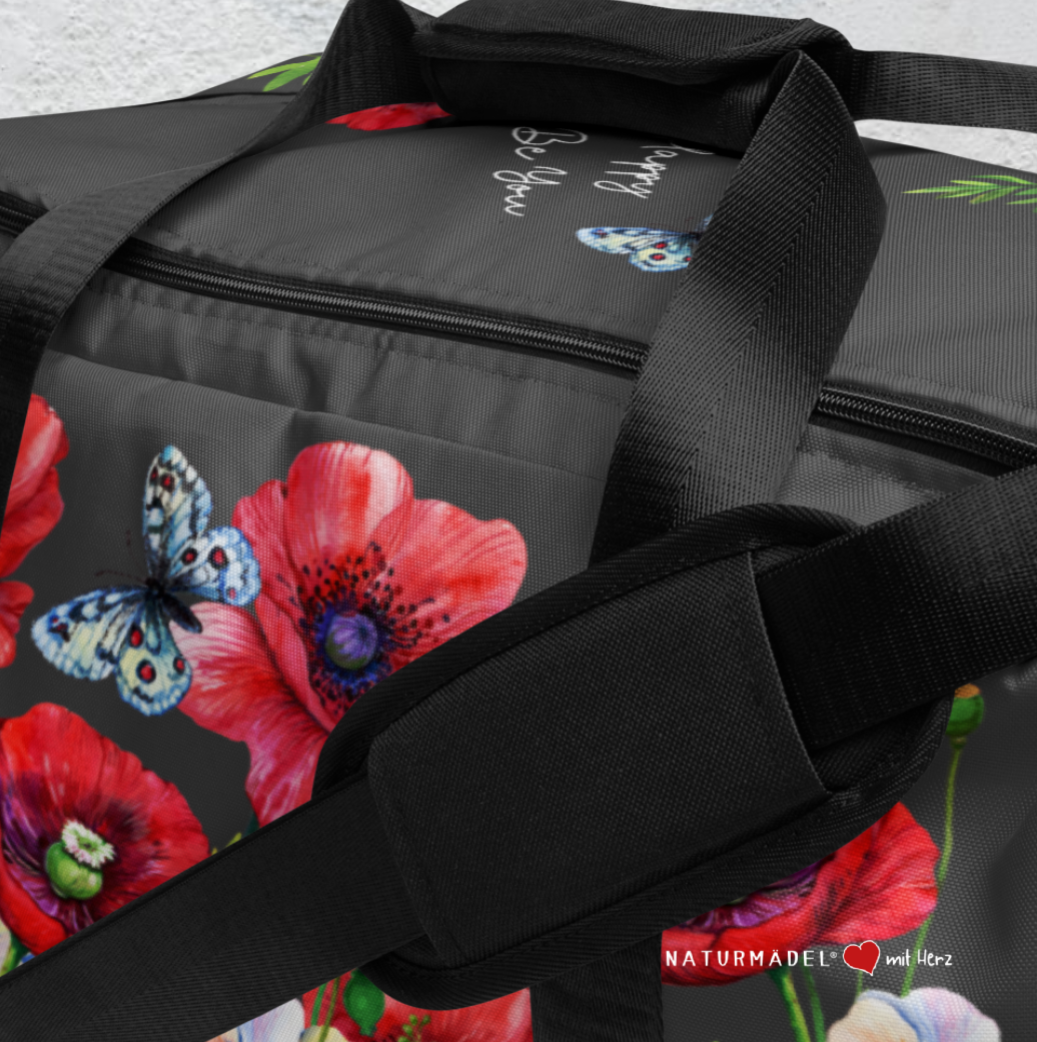 WEEKENDER - EXCLUSIVE SPORT-, BADE- U. REISETASCHE MIT EINZIGARTIGEM NATURMÄDEL® DESIGN TOSCANA AQUARELL MOHNBLUMEN UND BE HAPPY, BE YOU SCHRIFTZUG. SAMBESI GRAPHIT - www.naturmaedel.com -