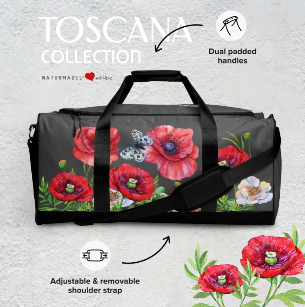 WEEKENDER - EXCLUSIVE SPORT-, BADE- U. REISETASCHE MIT EINZIGARTIGEM NATURMÄDEL® DESIGN TOSCANA AQUARELL MOHNBLUMEN UND BE HAPPY, BE YOU SCHRIFTZUG. SAMBESI GRAPHIT - www.naturmaedel.com -
