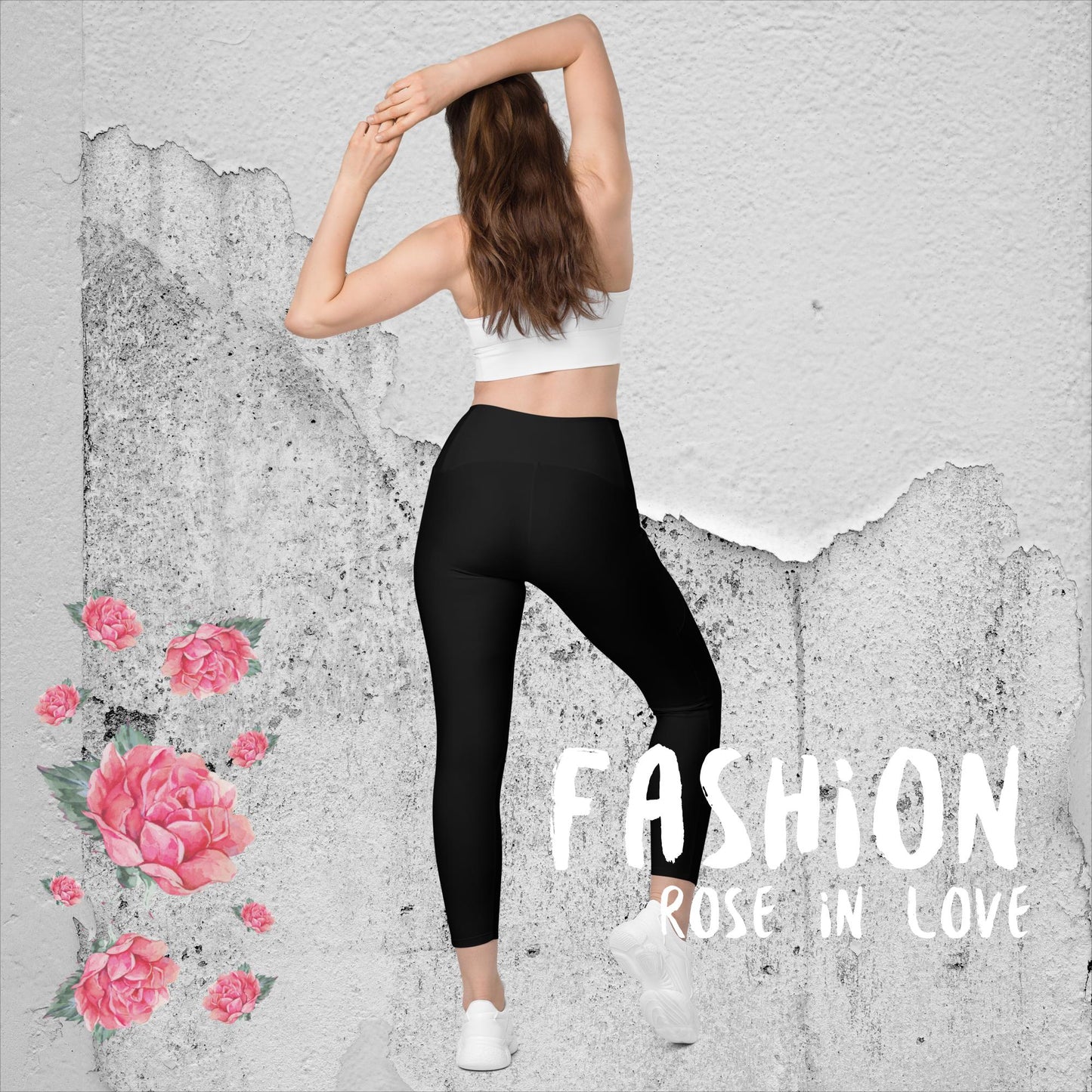 Wunderschöne, Figur betonte V-Bund, HighTech Yoga-, Fitness u. Freizeitlegging. Mit viel Liebe zum Detail und unserem NATURMÄDEL® ROSE IN LOVE DESIGN verziert. V-Bund-Leggings mit Taschen - www.naturmaedel.shop 