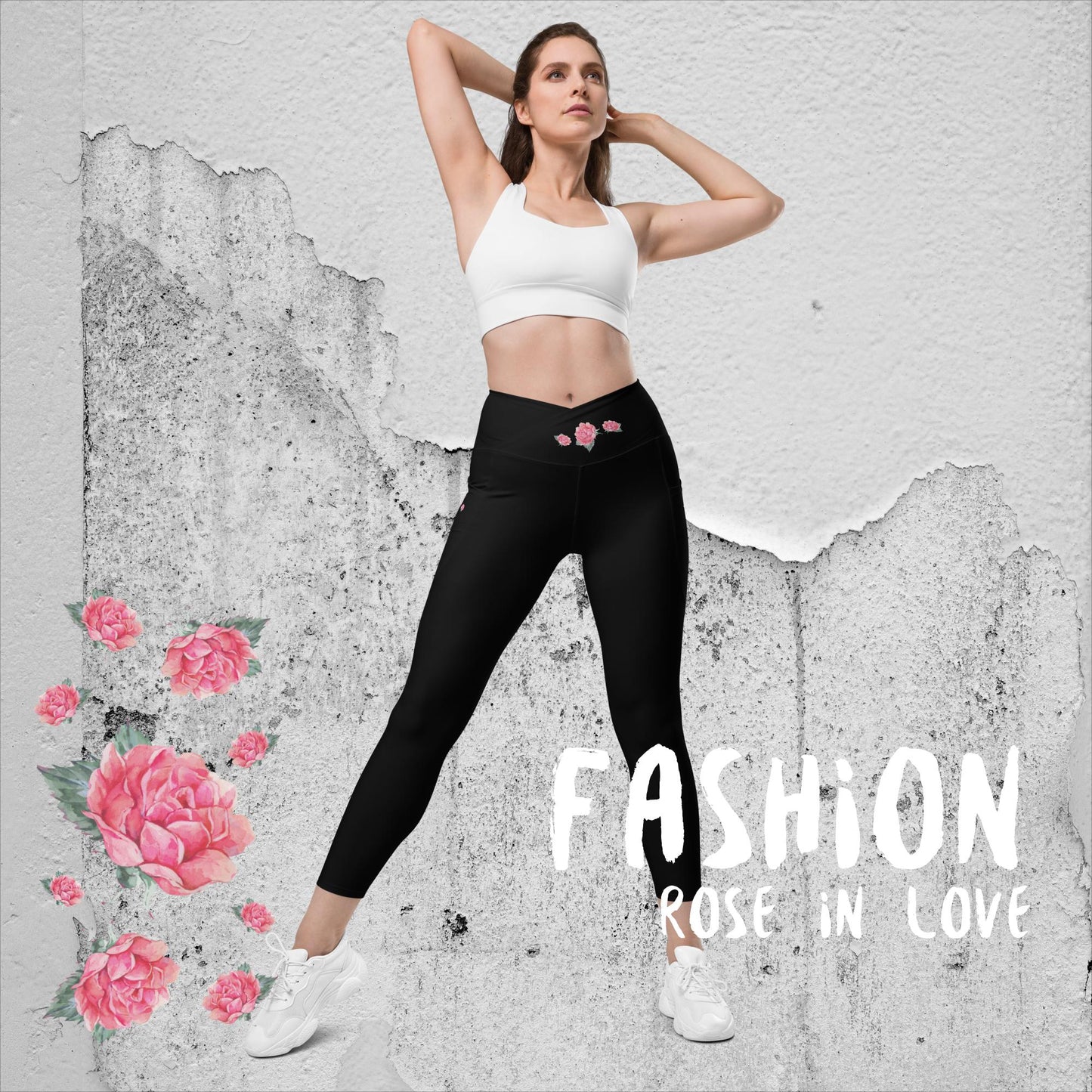 Wunderschöne, Figur betonte V-Bund, HighTech Yoga-, Fitness u. Freizeitlegging. Mit viel Liebe zum Detail und unserem NATURMÄDEL® ROSE IN LOVE DESIGN verziert. V-Bund-Leggings mit Taschen - www.naturmaedel.shop 