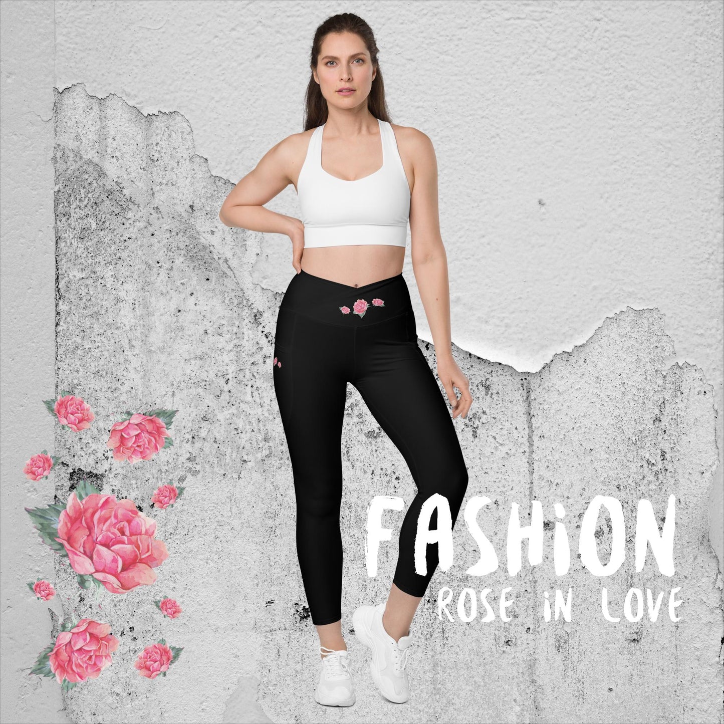 Wunderschöne, Figur betonte V-Bund, HighTech Yoga-, Fitness u. Freizeitlegging. Mit viel Liebe zum Detail und unserem NATURMÄDEL® ROSE IN LOVE DESIGN verziert. V-Bund-Leggings mit Taschen - www.naturmaedel.shop 