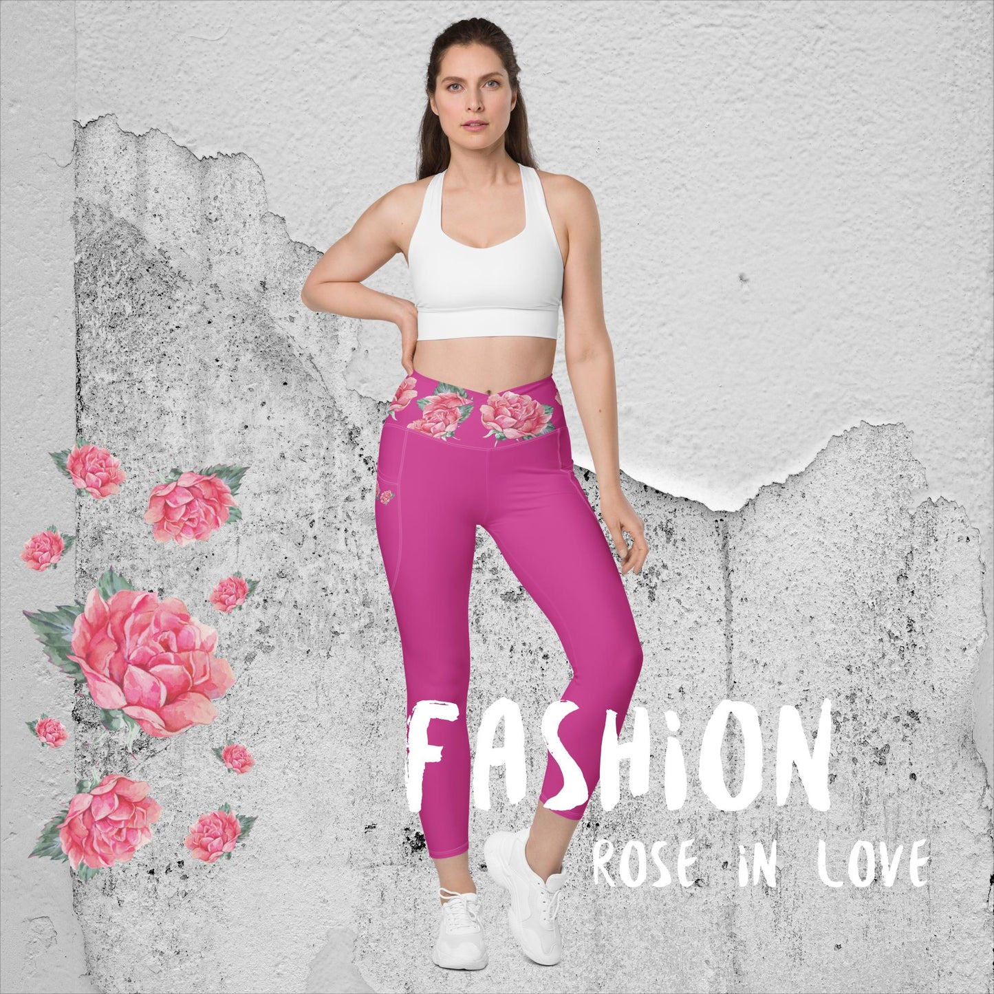 WUNDERSCHÖNE, FIGURBETONTE, V-BUND CROSSOVER LEGGINGS. IDEALER BEGLEITER FÜR YOGA-, FITNESS- UND ALLE FREIZEITAKTIVITÄTEN.  VERZIERT MIT UNSEREM EINZIGARTIGEM NATURMÄDEL® ROSE IN LOVE DESINGN  - www.naturmaedel.shop