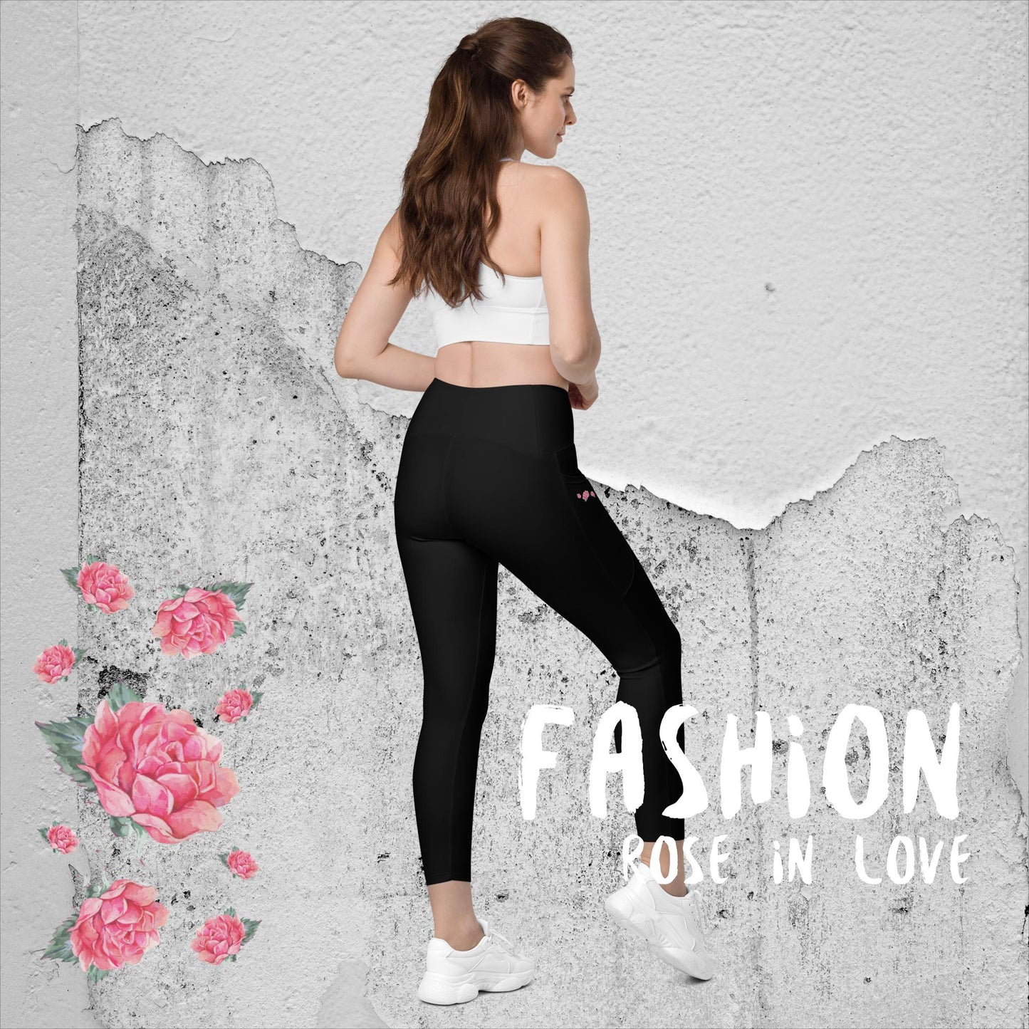 Wunderschöne, Figur betonte V-Bund, HighTech Yoga-, Fitness u. Freizeitlegging. Mit viel Liebe zum Detail und unserem NATURMÄDEL® ROSE IN LOVE DESIGN verziert. V-Bund-Leggings mit Taschen - www.naturmaedel.shop 