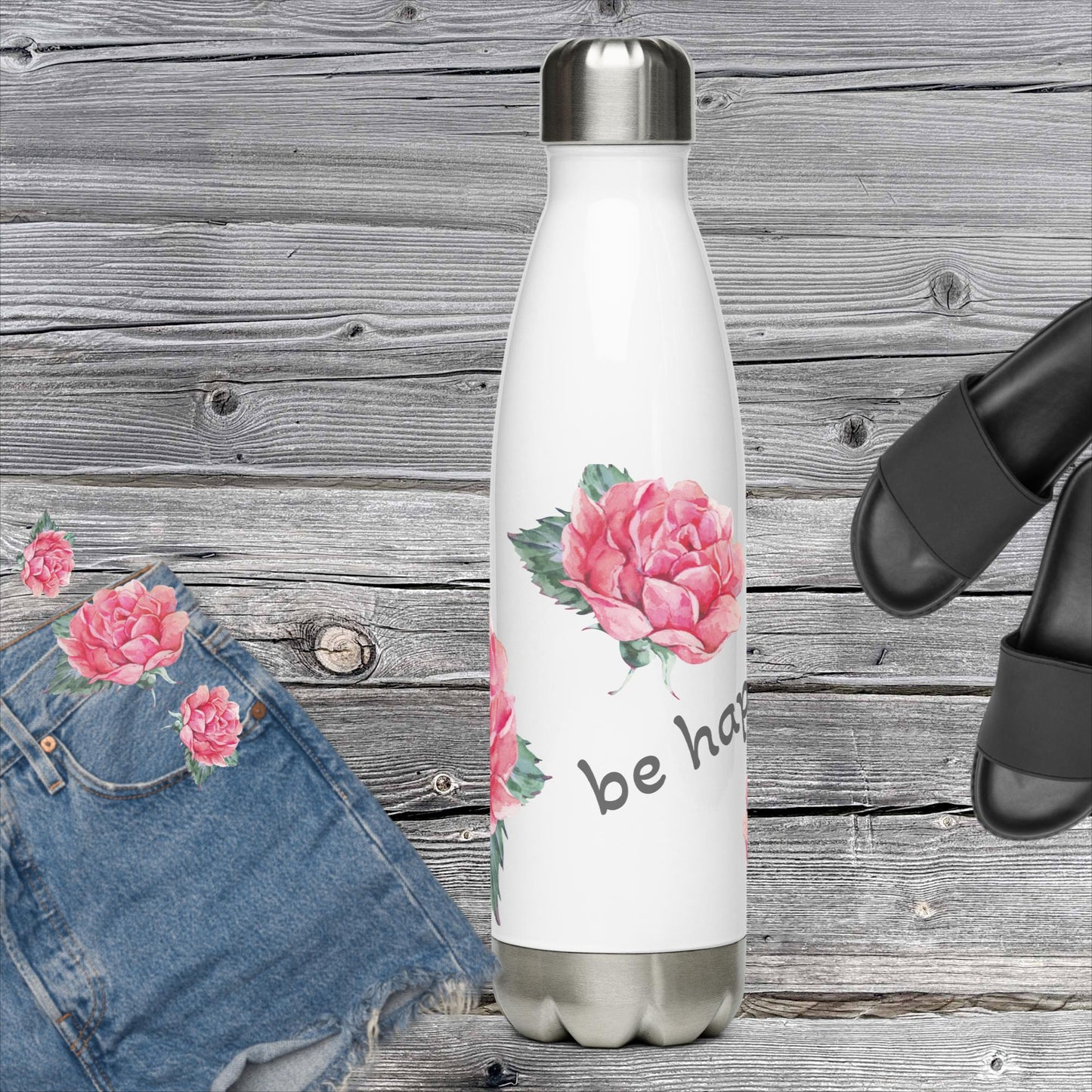 STAINLESS STEEL EDELSTAHL DESIGNER DRINKFLASCHE - BE HAPPY BE YOU - EXCLUSIV NATURMÄDEL® AQUARELL ROSE IN LOVE DESIGN, www.naturmaedel.com