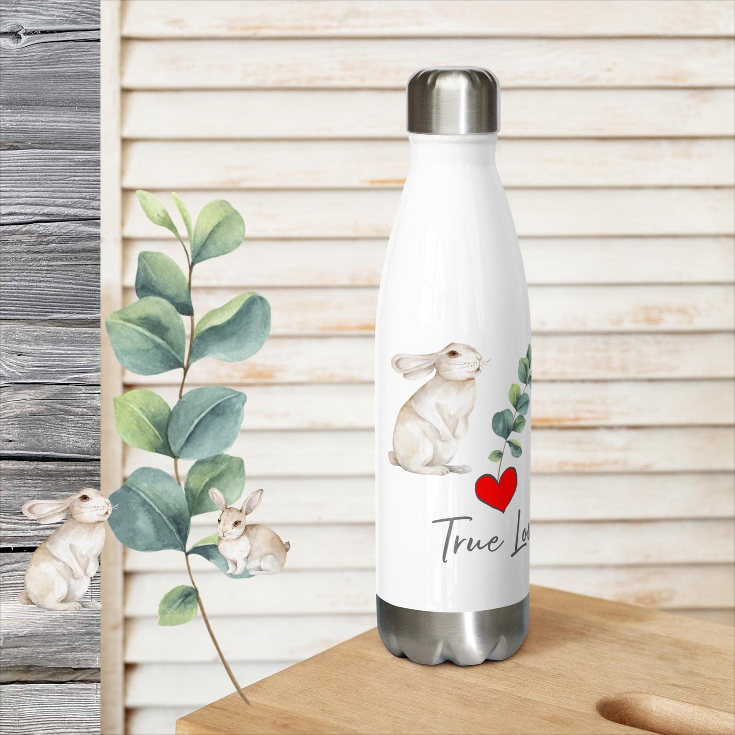 TRUE LOVE – WAHRE LIEBE - STAINLESS STEEL EDELSTAHL DESIGNER DRINKFLASCHE – EXCLUSIV NATURMÄDEL® TIERLIEBE AQUARELL DESIGN. NICHT NUR AN OSTERN DEIN LIEBLINGSSTÜCK.