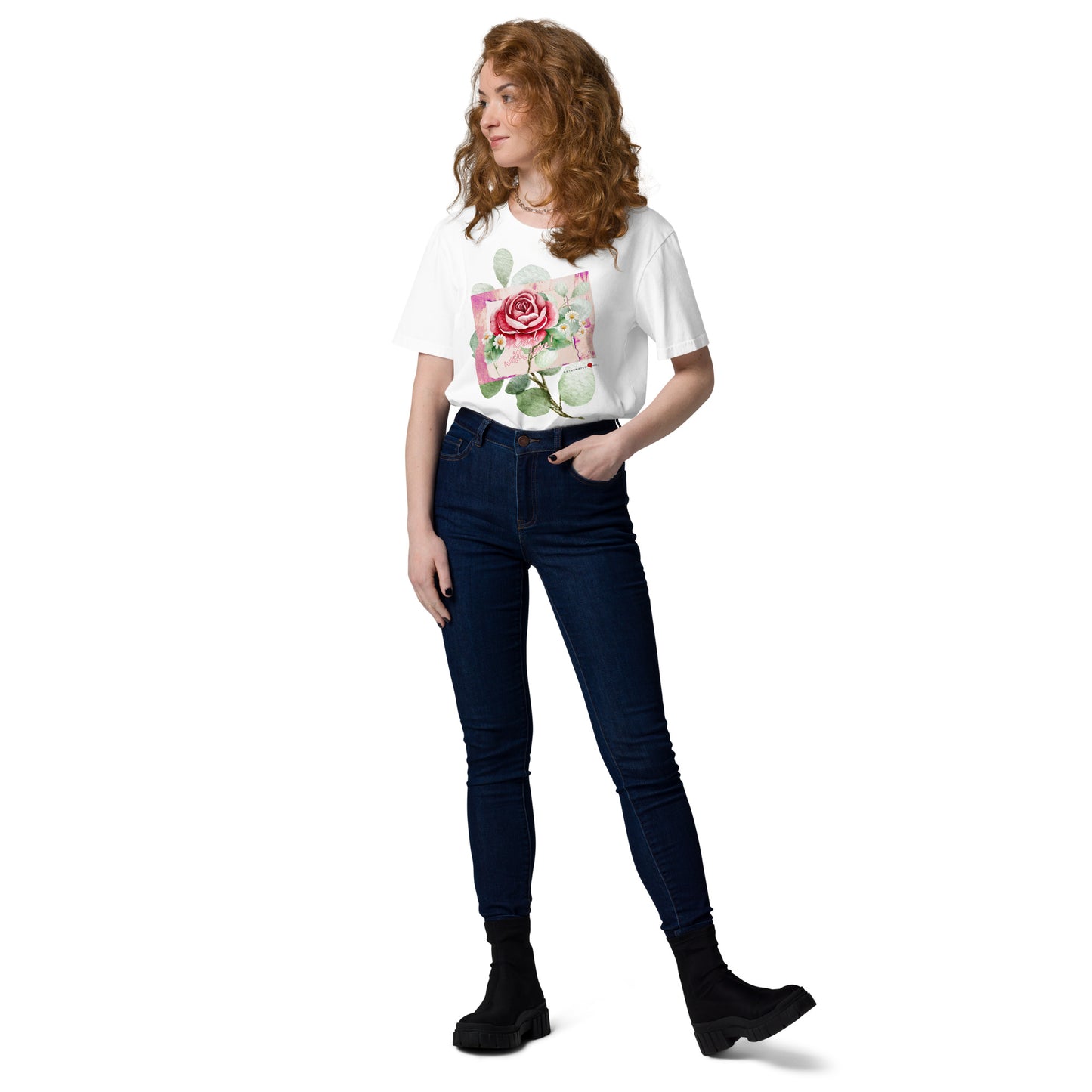NATURMÄDEL® UNISEX BIO BAUMWOLL T-SHIRT MIT EXCLUSIVEM UND EINZIGARTIGEM NATURMÄDEL® WORK WITH LOVE CREATIV DRUCKDESIGN, VINTAGE AQUARELL ROSE. - www.naturmaedel.shop -