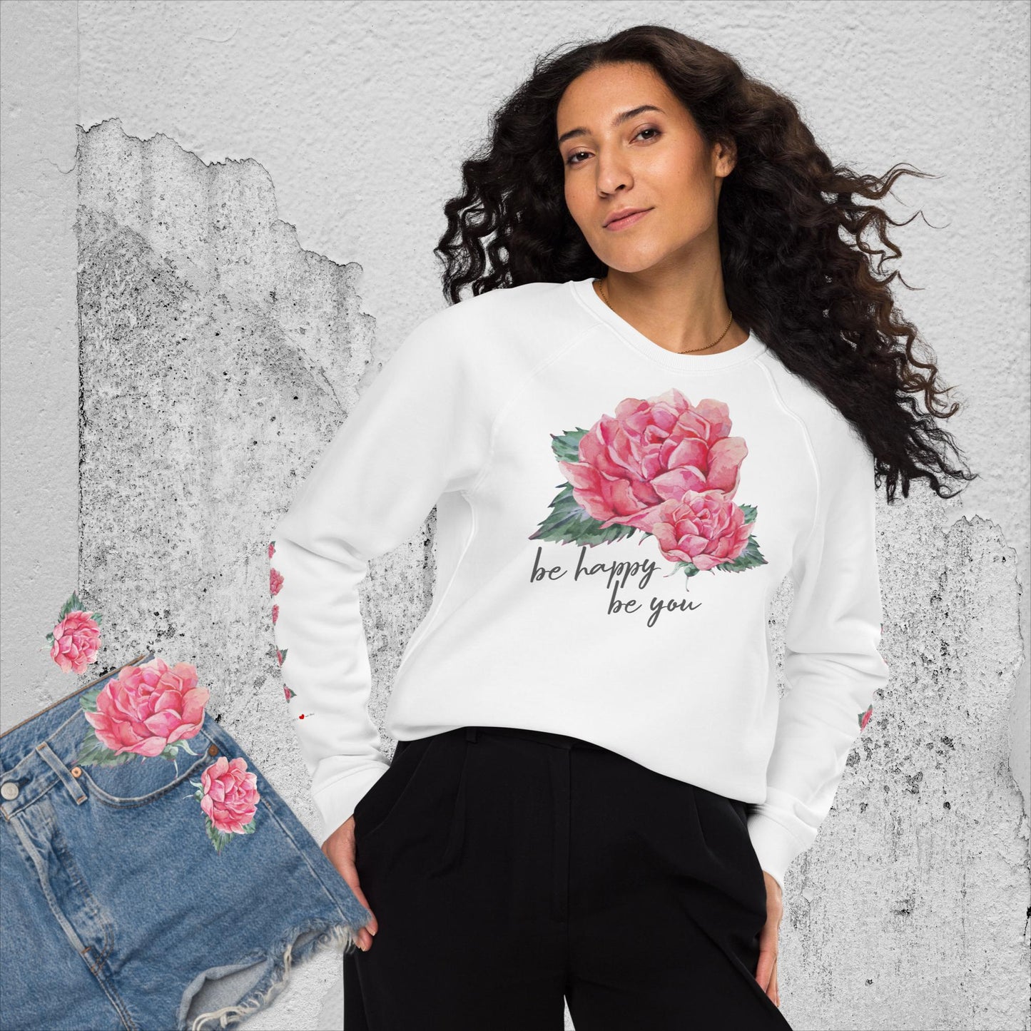 BIO BAUMWOLLE - STYLISCHER RAGLAN PULLOVER -  EXCLUSIV NATURMÄDEL® DESIGN - AQUARELL ROSE IN LOVE, www.naturmaedel.com