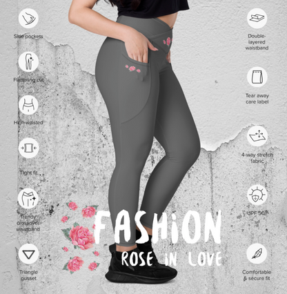 WUNDERSCHÖNE, FIGURBETONTE, V-BUND CROSSOVER LEGGINGS. IDEALER BEGLEITER FÜR YOGA-, FITNESS- UND ALLE FREIZEITAKTIVITÄTEN.  VERZIERT MIT UNSEREM EINZIGARTIGEM NATURMÄDEL® ROSE IN LOVE DESINGN - www.naturmaedel.shop 