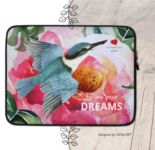 ELEGANTES STYLISCHES MACBOOK, LAPTOP SLEEVE IM EXCLUSIVEN NATURMÄDEL® DESIGN, PINK ROSE & KOLIBRI.  100% Neopren. Der optimale und zuverlässige Schutz für Unterwegs. 15“ ZOLL. - www.naturmaedel.com - 