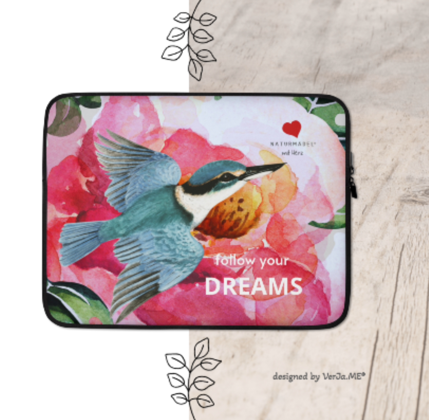 ELEGANTES STYLISCHES MACBOOK, LAPTOP SLEEVE IM EXCLUSIVEN NATURMÄDEL® DESIGN, PINK ROSE & KOLIBRI.  100% Neopren. Der optimale und zuverlässige Schutz für Unterwegs. 13“ ZOLL. - www.naturmaedel.com - 