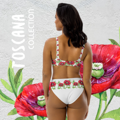 BADEMODENPERLEN. ROMANTISCH, VERSPIELTER, FIGURBETONTER HIGH WAIST BIKINI - EINZIGARTIGES NATURMÄDEL® TOSCANA DESIGN MIT AQUARELL MOHNBLUMEN - www.naturmaedel.shop