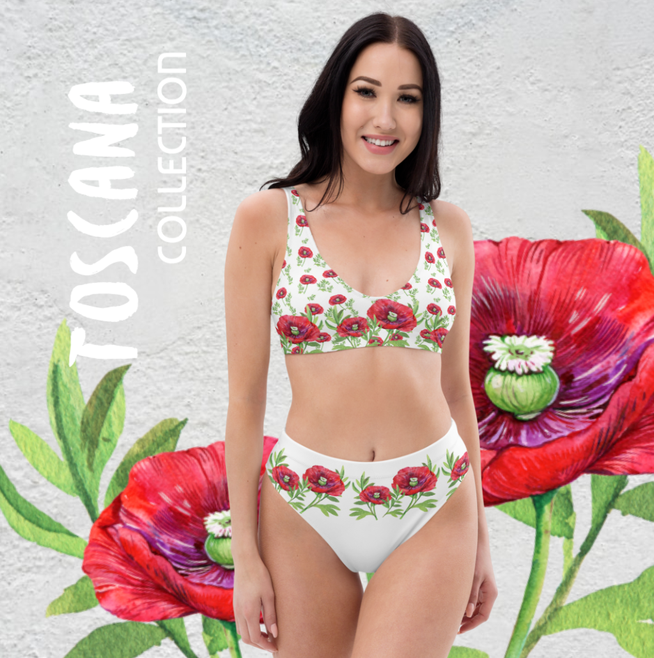 BADEMODENPERLEN. ROMANTISCH, VERSPIELTER, FIGURBETONTER HIGH WAIST BIKINI - EINZIGARTIGES NATURMÄDEL® TOSCANA DESIGN MIT AQUARELL MOHNBLUMEN - www.naturmaedel.shop