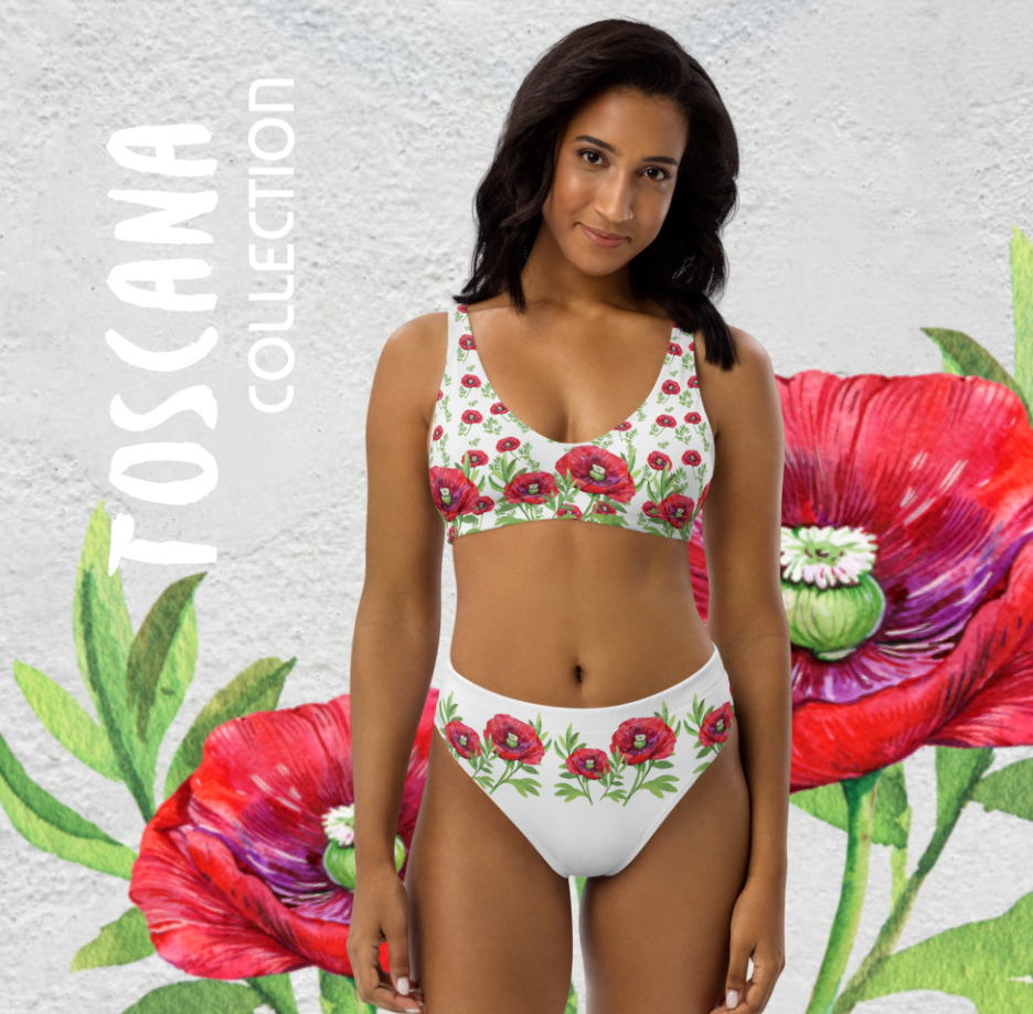 BADEMODENPERLEN. ROMANTISCH, VERSPIELTER, FIGURBETONTER HIGH WAIST BIKINI - EINZIGARTIGES NATURMÄDEL® TOSCANA DESIGN MIT AQUARELL MOHNBLUMEN - www.naturmaedel.shop 