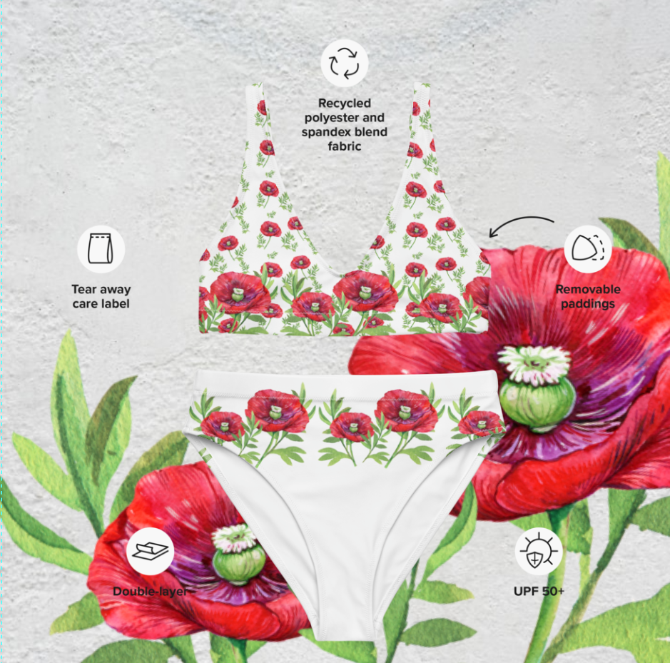 BADEMODENPERLEN. ROMANTISCH, VERSPIELTER, FIGURBETONTER HIGH WAIST BIKINI - EINZIGARTIGES NATURMÄDEL® TOSCANA DESIGN MIT AQUARELL MOHNBLUMEN - www.naturmaedel.shop