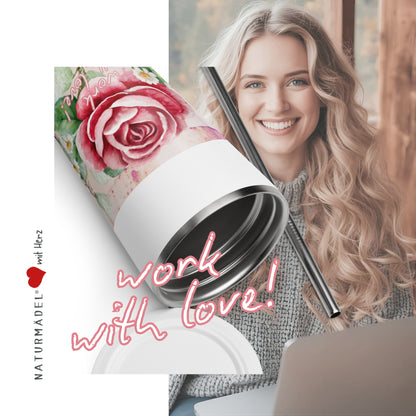 WORK WITH LOVE , NATURMÄDEL® LIMITED EDITION SAMMLERSTÜCKE, EXCLUSIV UND EINZIGARTIG , EDELSTAHL THERMOBECHER MIT STROHHALM , MITARBEITERGESCHENKE, - www.naturmaedel.shop - 