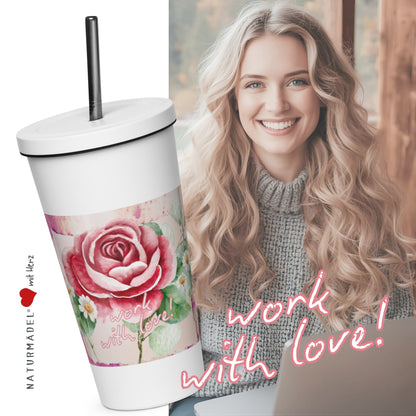 WORK WITH LOVE , NATURMÄDEL® LIMITED EDITION SAMMLERSTÜCKE, EXCLUSIV UND EINZIGARTIG , EDELSTAHL THERMOBECHER MIT STROHHALM , MITARBEITERGESCHENKE, - www.naturmaedel.shop - 