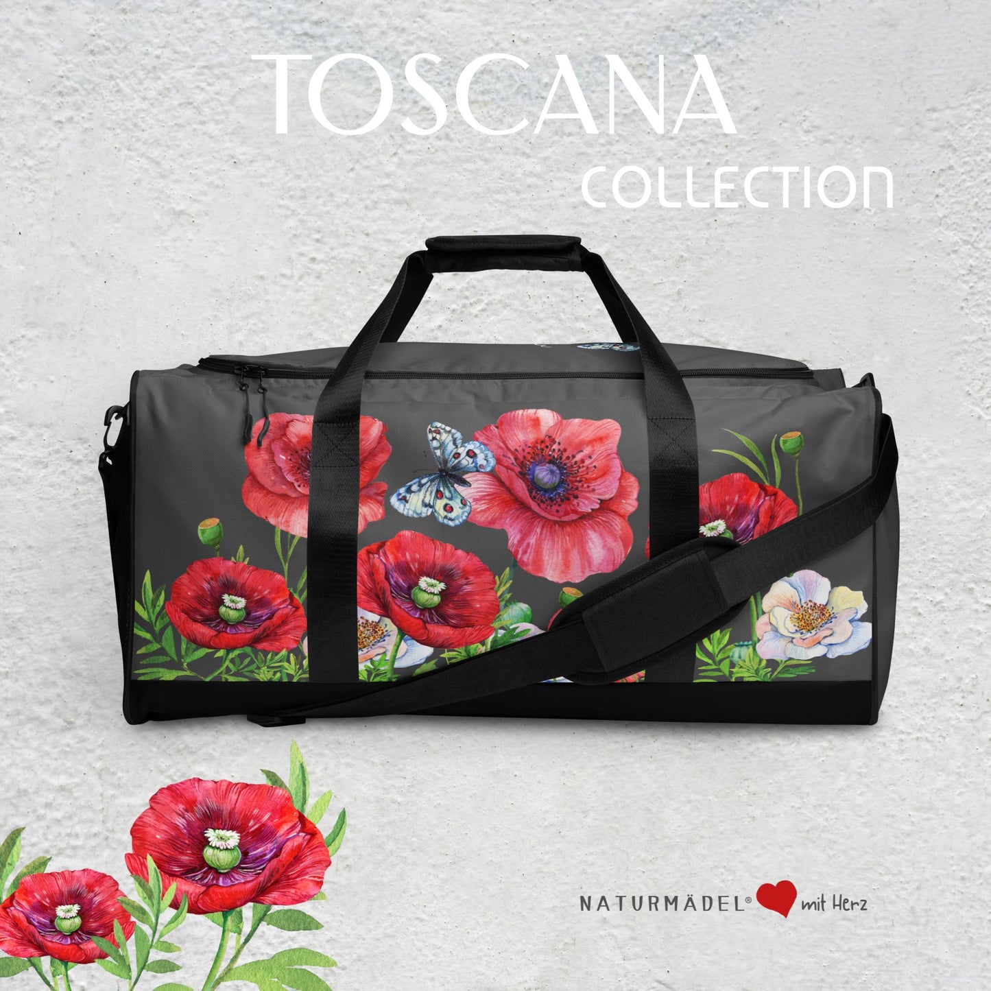 WEEKENDER - EXCLUSIVE SPORT-, BADE- U. REISETASCHE MIT EINZIGARTIGEM NATURMÄDEL® DESIGN TOSCANA AQUARELL MOHNBLUMEN UND BE HAPPY, BE YOU SCHRIFTZUG.