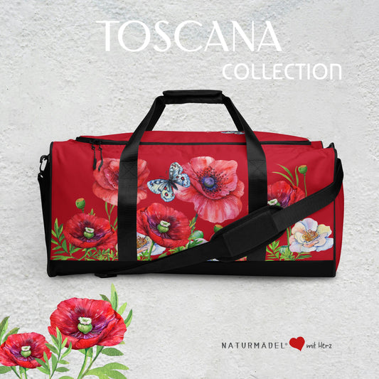 WEEKENDER - EXCLUSIVE SPORT-, BADE- U. REISETASCHE MIT EINZIGARTIGEM NATURMÄDEL® DESIGN TOSCANA AQUARELL MOHNBLUMEN UND BE HAPPY, BE YOU SCHRIFTZUG.