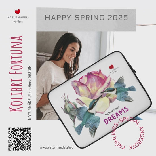 FOLLOW YOUR DREAMS! MACBOOK-, LAPTOP SLEEVE IM EXCLUSIVEN NATURMÄDEL® DESIGN, PINK ROSE & KOLIBRI FORTUNA. 100% Neopren. Der optimale und zuverlässige Schutz für Unterwegs. 13“ UND 15 ZOLL. - www.naturmaedel.shop - 