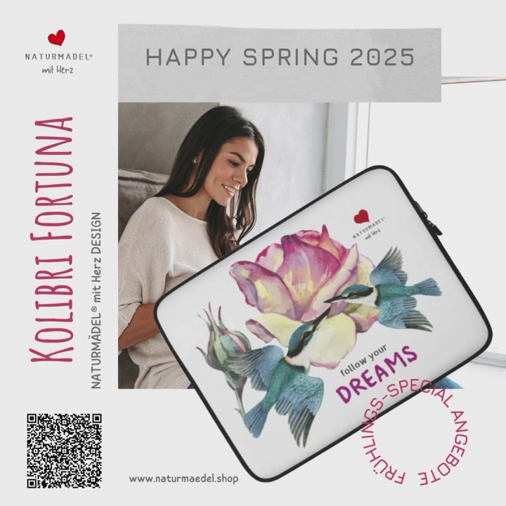 FOLLOW YOUR DREAMS! MACBOOK-, LAPTOP SLEEVE IM EXCLUSIVEN NATURMÄDEL® DESIGN, PINK ROSE & KOLIBRI FORTUNA. 100% Neopren. Der optimale und zuverlässige Schutz für Unterwegs. 13“ UND 15 ZOLL. - www.naturmaedel.shop - 