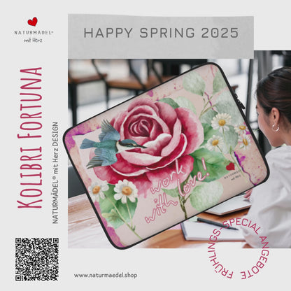 NEOPREN MACBOOK-, LAPTOP SLEEVE. ELEGANT, ROMANTISCH, MOTIVIEREND. EXCLUSIVES NATURMÄDEL® DESING "VINTAGE ROSE & KOLIBRI FORTUNA. Der optimale und stylische Schutz für Unterwegs. 13" Zoll und 15 " Zoll. - www.naturmaedel.shop - 